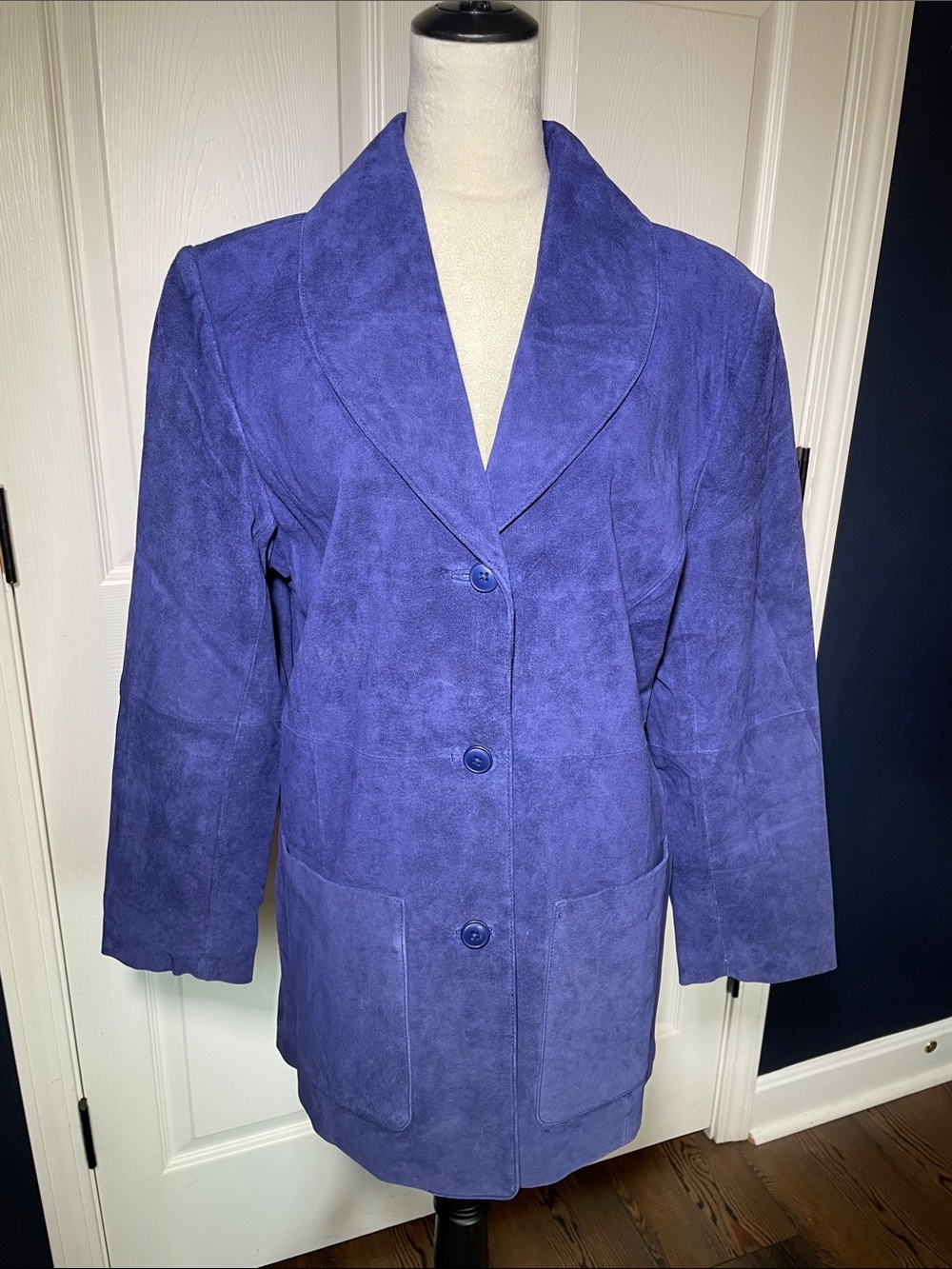 Terry Lewis Vintage Royal Blue Suede Leather Jacket Coat Shawl Collar Size M